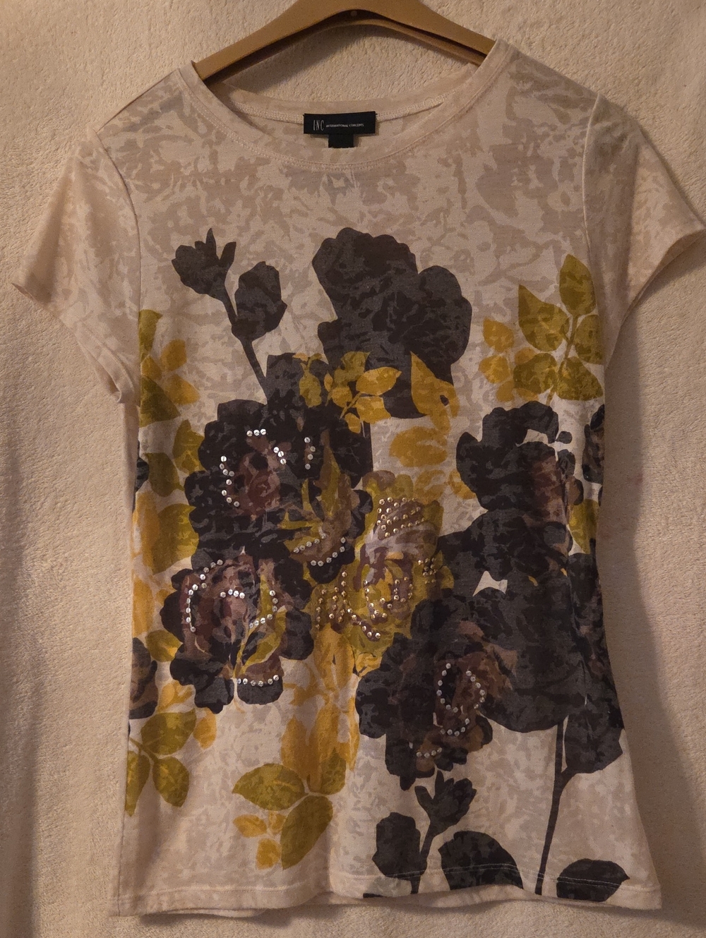 INC International Concepts Short Sleeve Tee with Yellow & Brown Floral Print